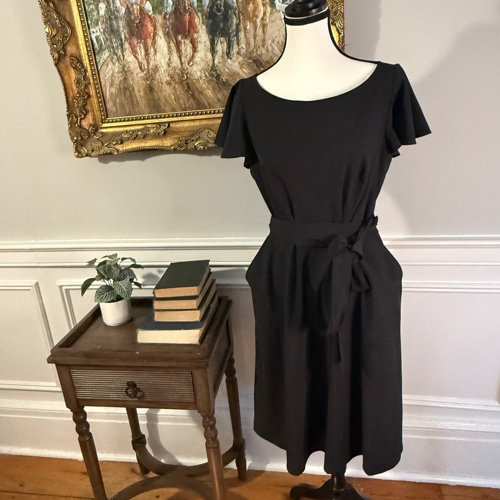 Calvin Klein Dress Women Black Flutter Sleeve Fit Flare Boat Neck | 8